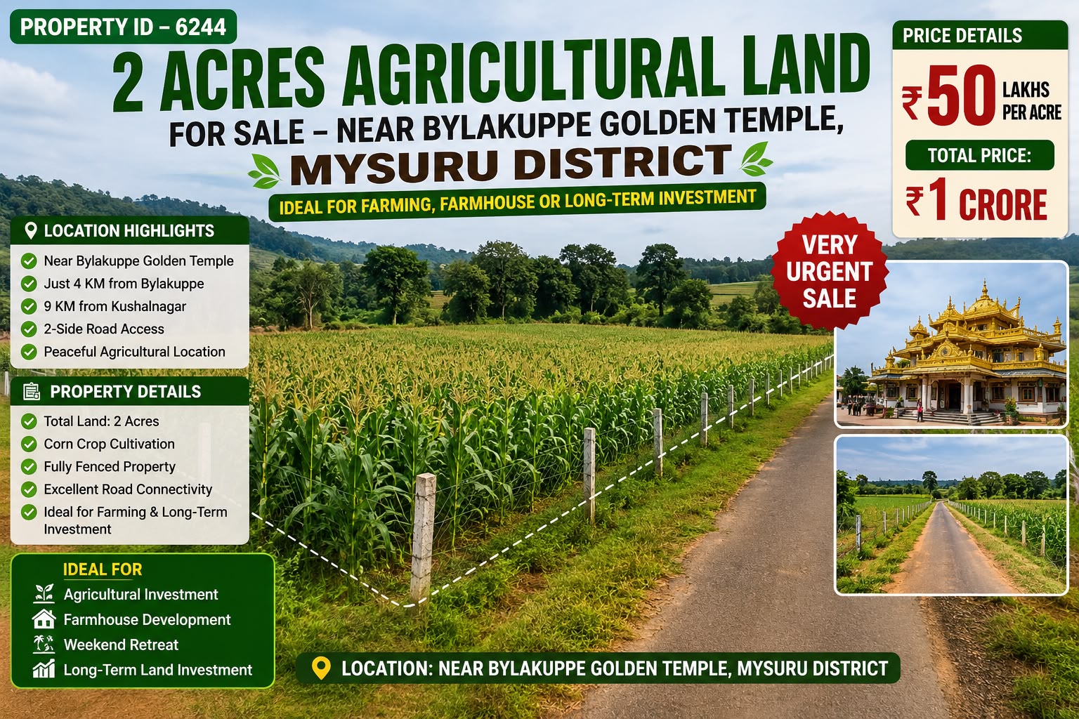 🆔 *PROPERTY ID – 6244* 🌾🏡 *2 Acres Agricultural Land for Sale – Near Bylakuppe Golden Temple, Mysuru District*
